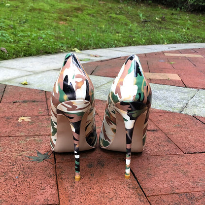 Camouflage Patent Pointed Toe High Heel Shoes