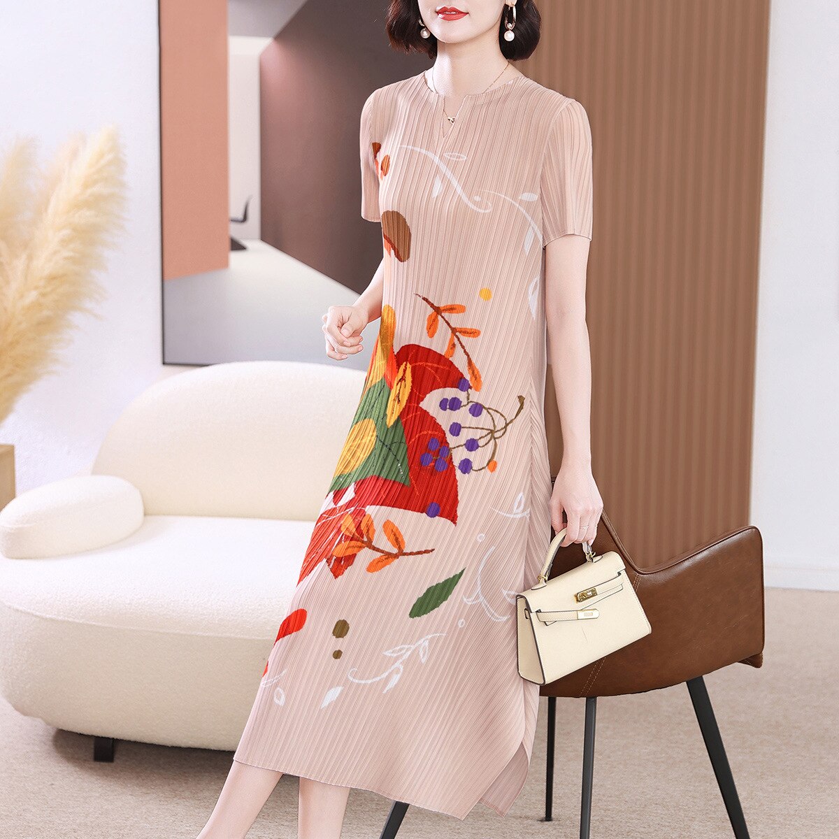 Miyake Pleated Printed Short-Sleeved Midi Dress