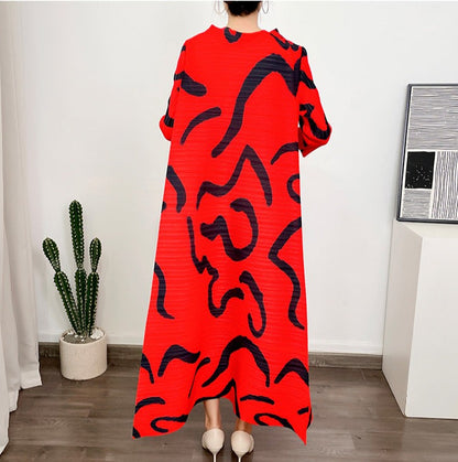 Miyake Pleated Printed O-Neck Maxi Dress