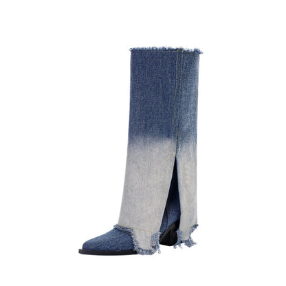 Gradient Pointed Toe Denim Knee High Boots
