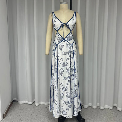Printed Hollow Out Sleeveless Maxi Dress