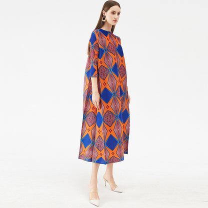 Miyake Pleated Geometric Print Midi Dress
