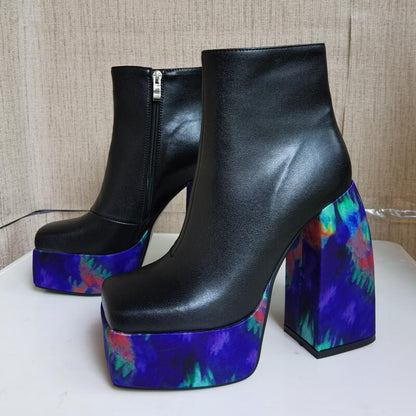 Printed Square Toe Platform Ankle Boots