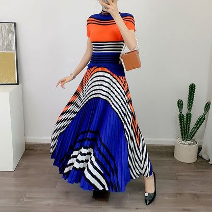 Miyake Pleated Striped Top and Long Skirt Set