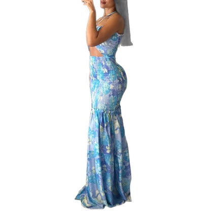 Printed Halter Neck Cutout Maxi Dress