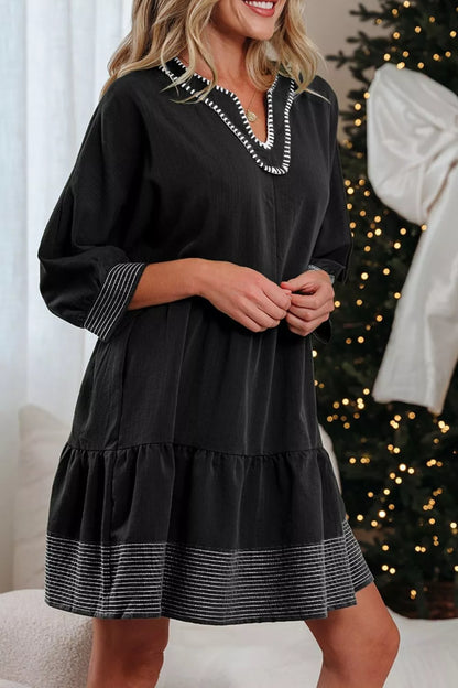 Striped Hem 3/4 Sleeve Tiered Dress