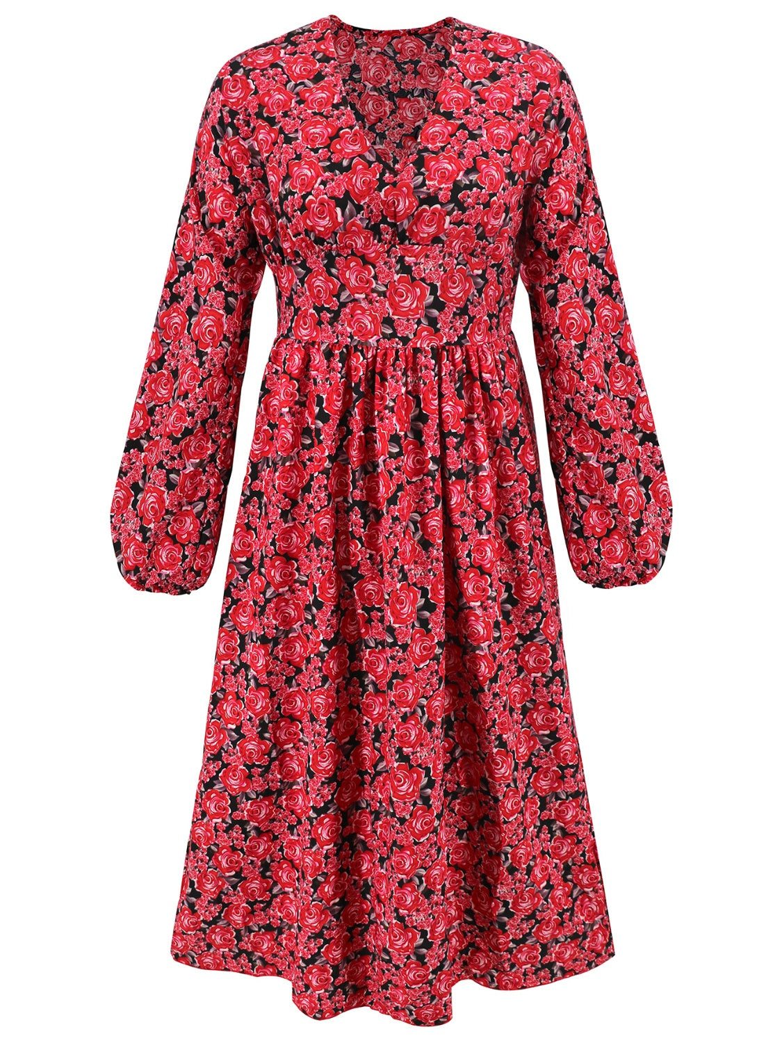 Floral V-Neck Long Sleeve Midi Dress