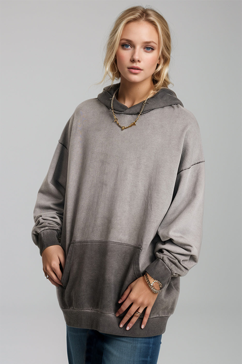 Drop Shoulder Long Sleeve Hoodie with Kangaroo Pocket