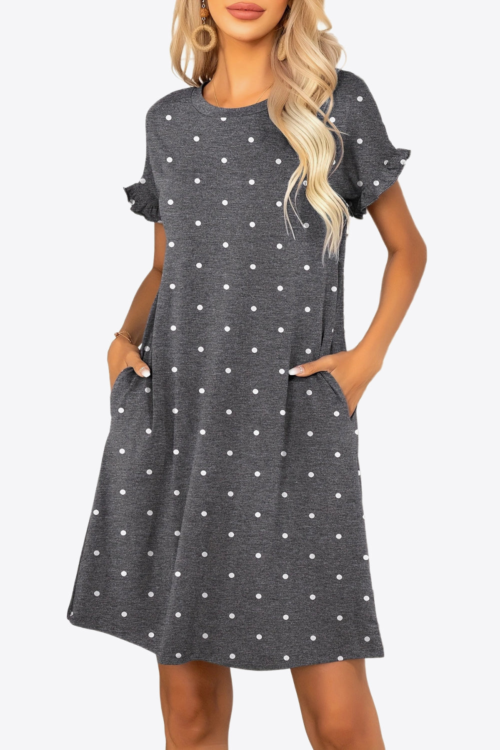 Flounce Sleeve Round Neck Dress with Pockets