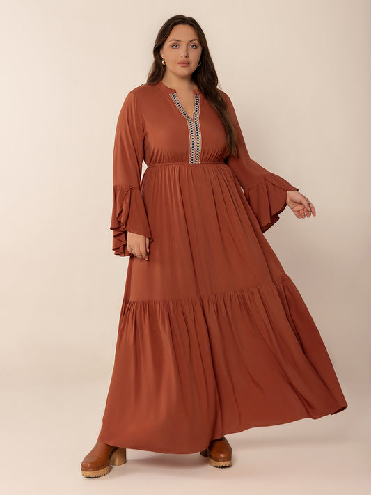 Plus Size Ruffled Notched Long Sleeve Dress