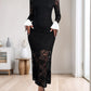 Lace Contrast Collared Neck Long Sleeve Midi Dress