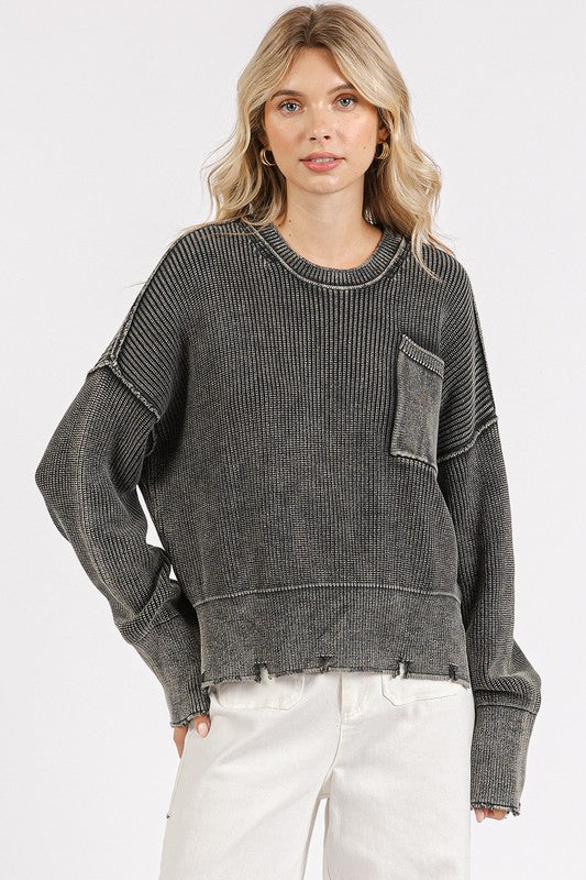 Distressed Hem Round Neck Dropped Shoulder Sweater