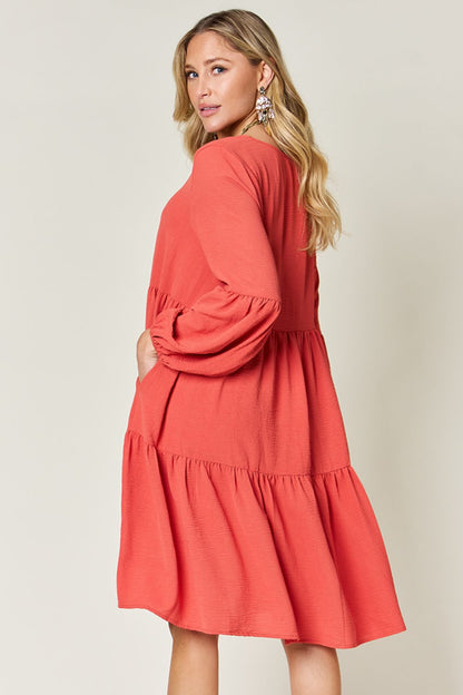 V-Neck Balloon Sleeve Tiered Dress