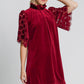 Dotted Lace Half Sleeve Mock Neck Back Tie Velvet Dress