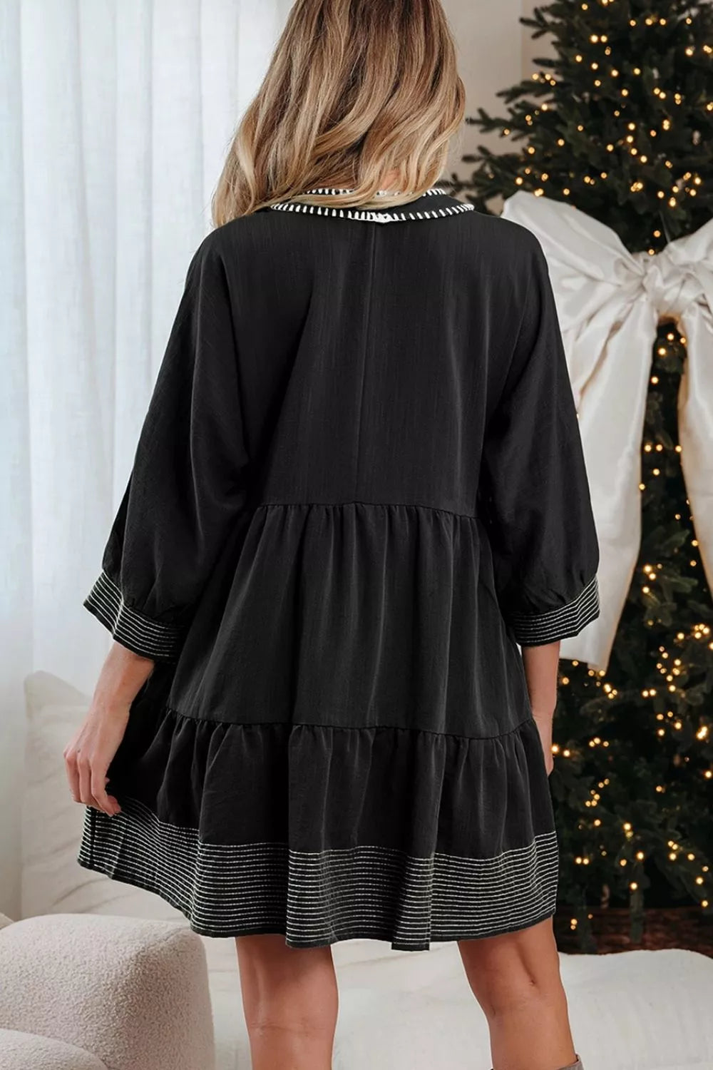 Striped Hem 3/4 Sleeve Tiered Dress