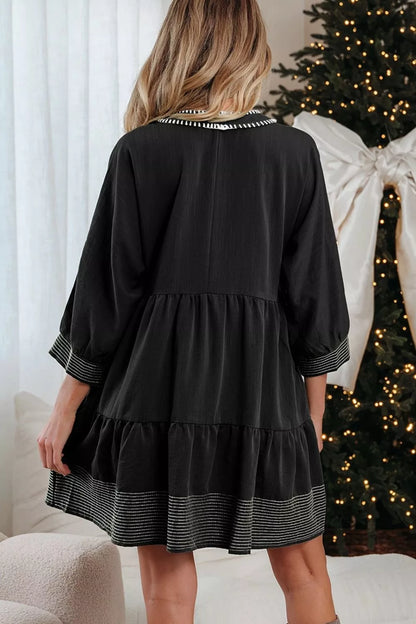 Striped Hem 3/4 Sleeve Tiered Dress