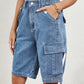 Buttoned Elastic Waist Denim Shorts with Pockets