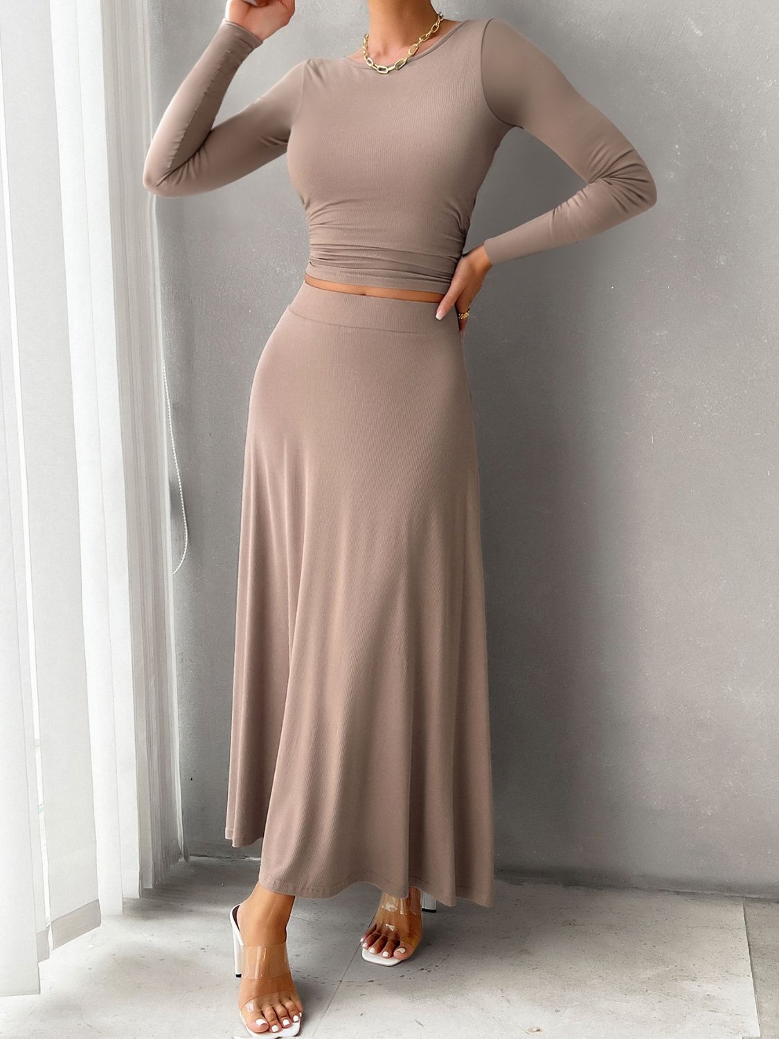 Round Neck Long Sleeve Top and Skirt Set