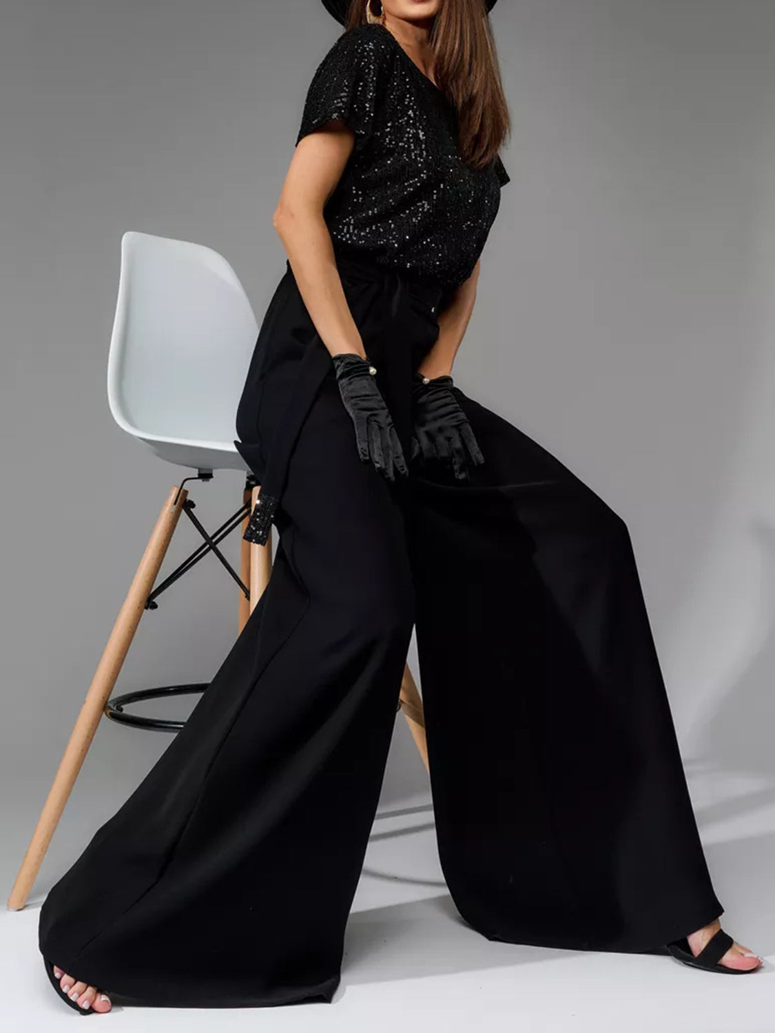 Sequin Round Neck Short Sleeve Wide Leg Jumpsuit