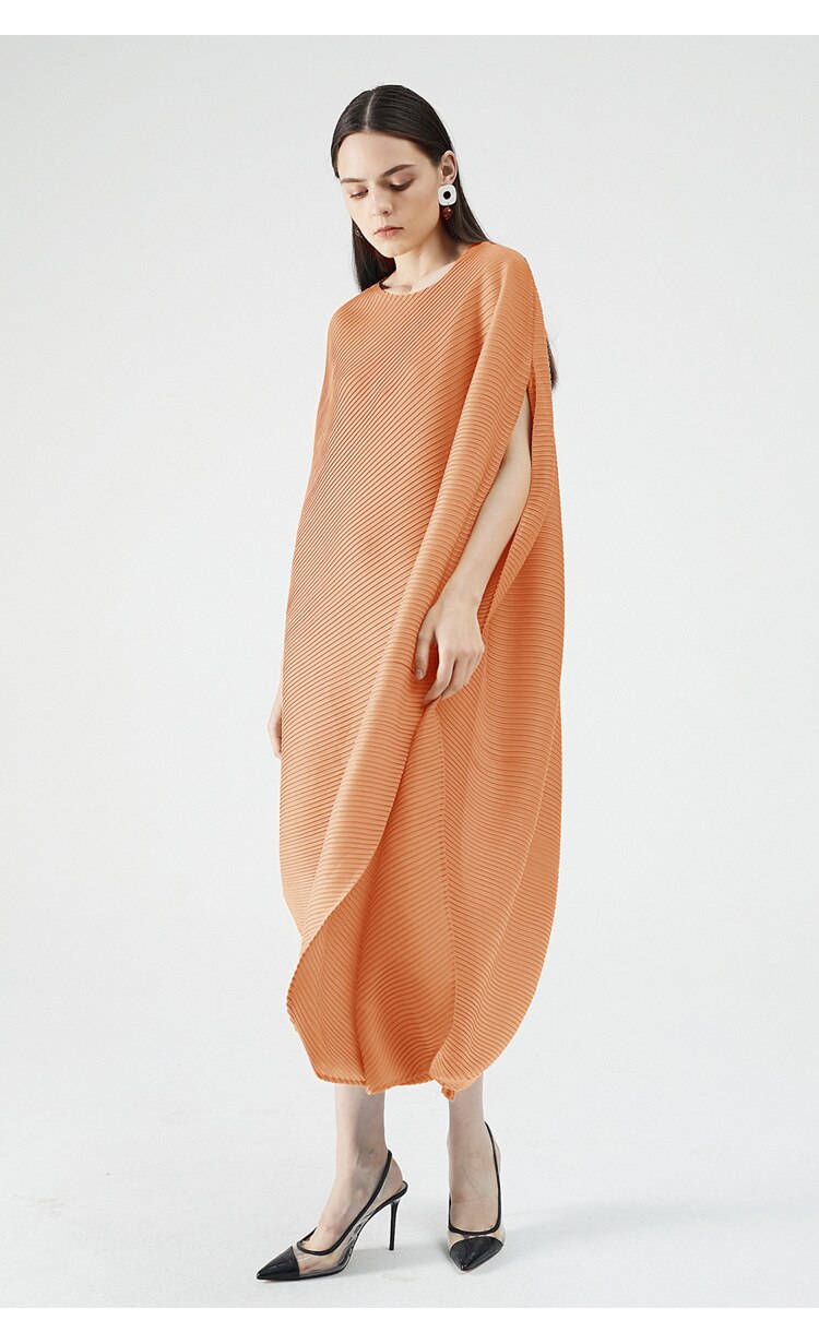 Miyake Pleated Asymmetrical Hem Midi Dress