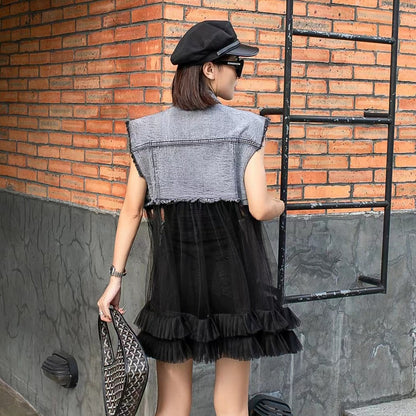 Patchwork Mesh Frayed Hem Denim Vest