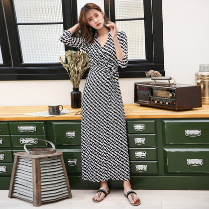 Chain Print Collared Neck Maxi Dress