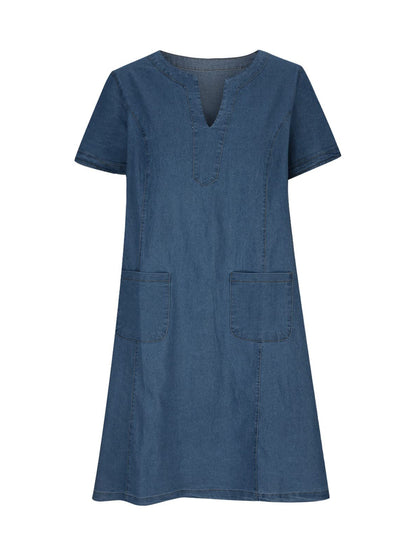 Notched Short Sleeve Denim Dress