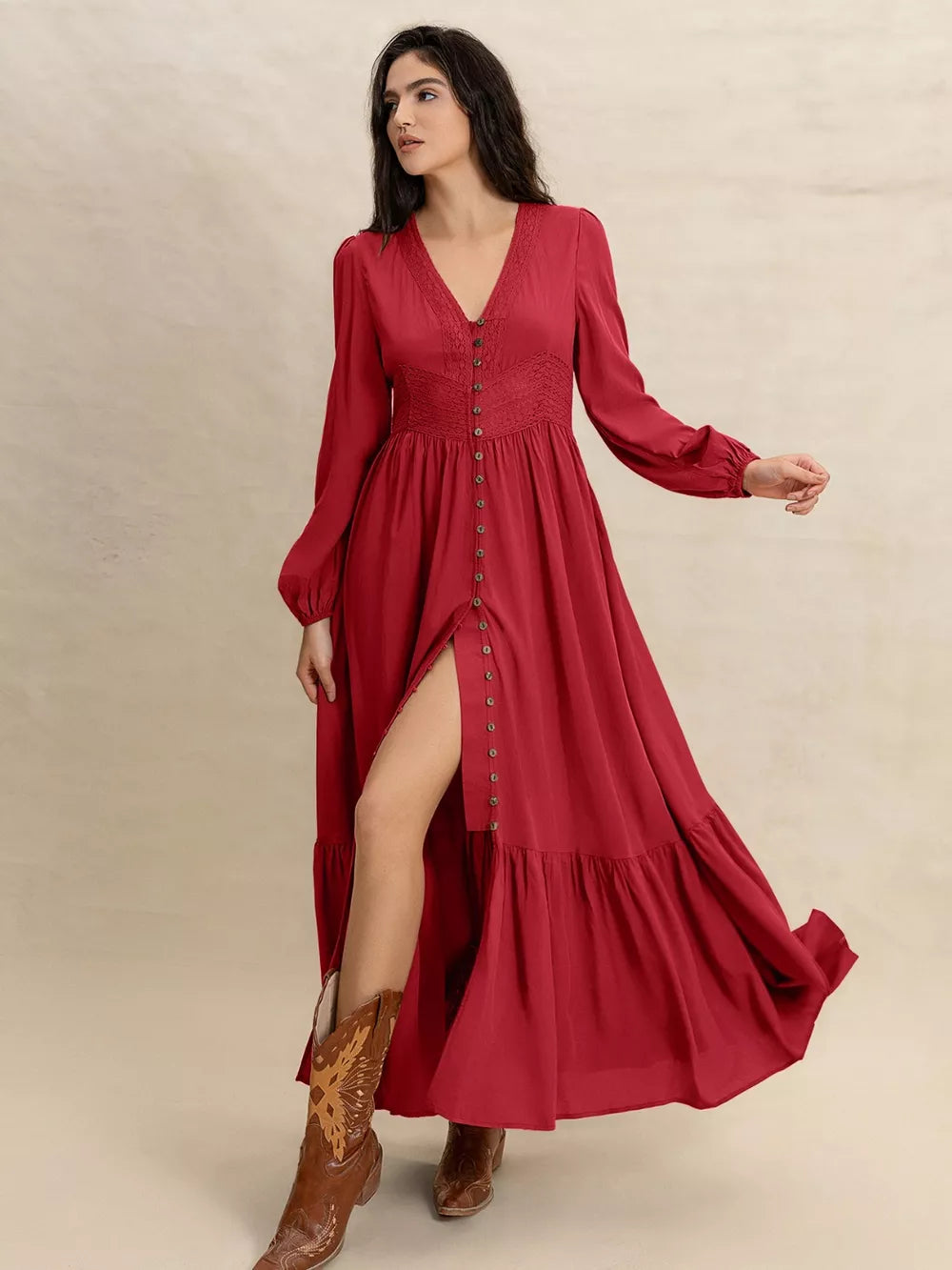 V-Neck Balloon Sleeve Ruffled Hem Maxi Dress