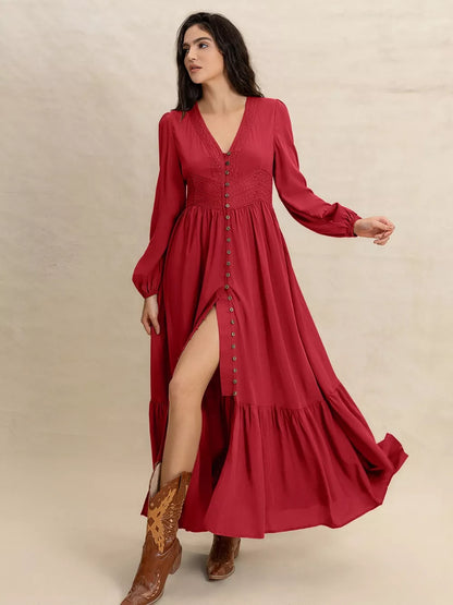 V-Neck Balloon Sleeve Ruffled Hem Maxi Dress