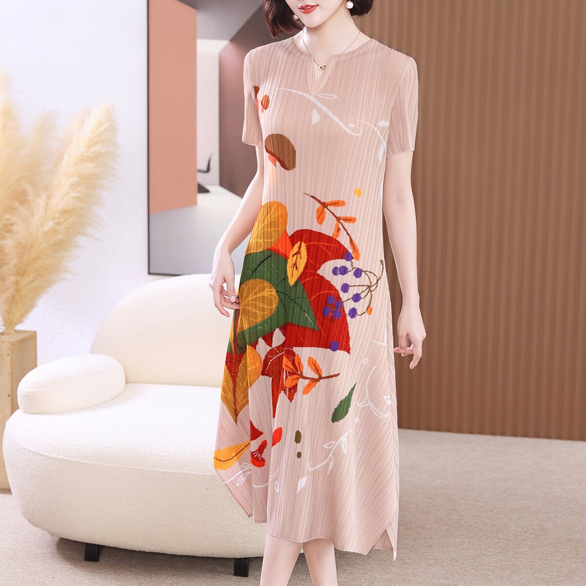 Miyake Pleated Printed Short-Sleeved Midi Dress