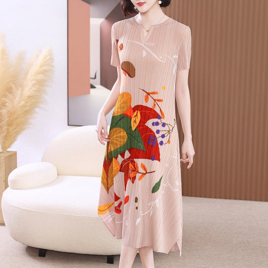 Miyake Pleated Printed Short-Sleeved Midi Dress