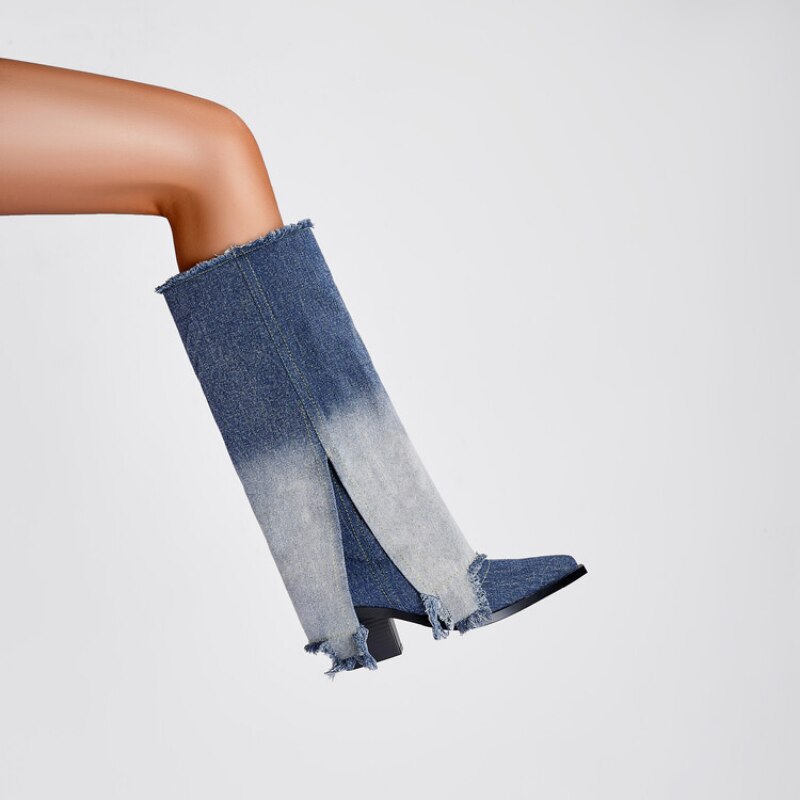 Gradient Pointed Toe Denim Knee High Boots