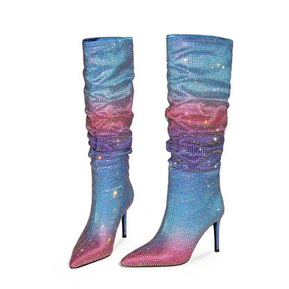 Gradient Rhinestone Pleated Knee-High Boots