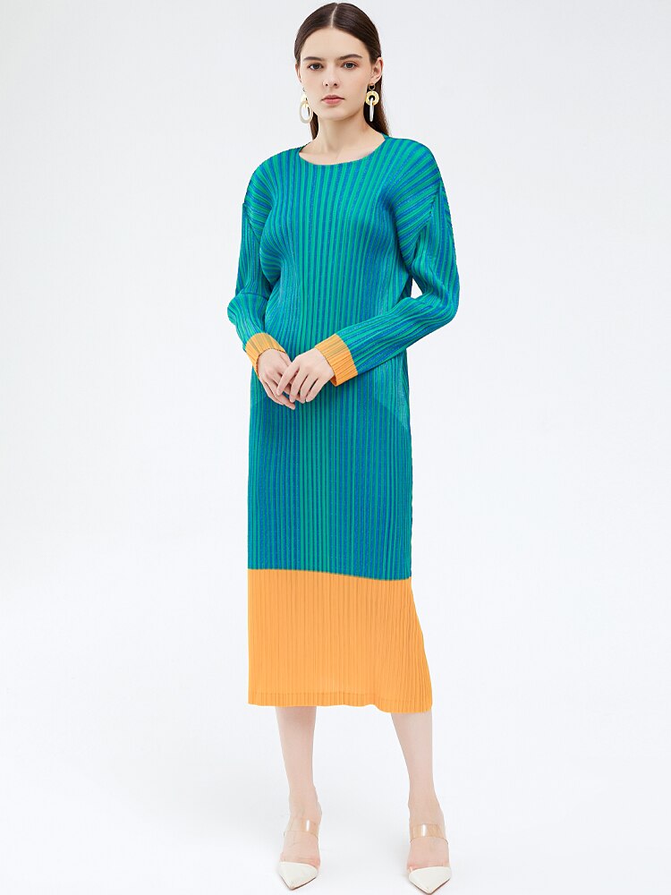 Miyake Pleated Striped Long Sleeves Midi Dress