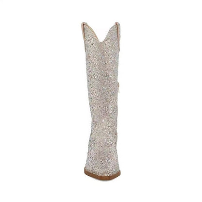 Rhinestone  Pointed Toe Mid-Calf Boots