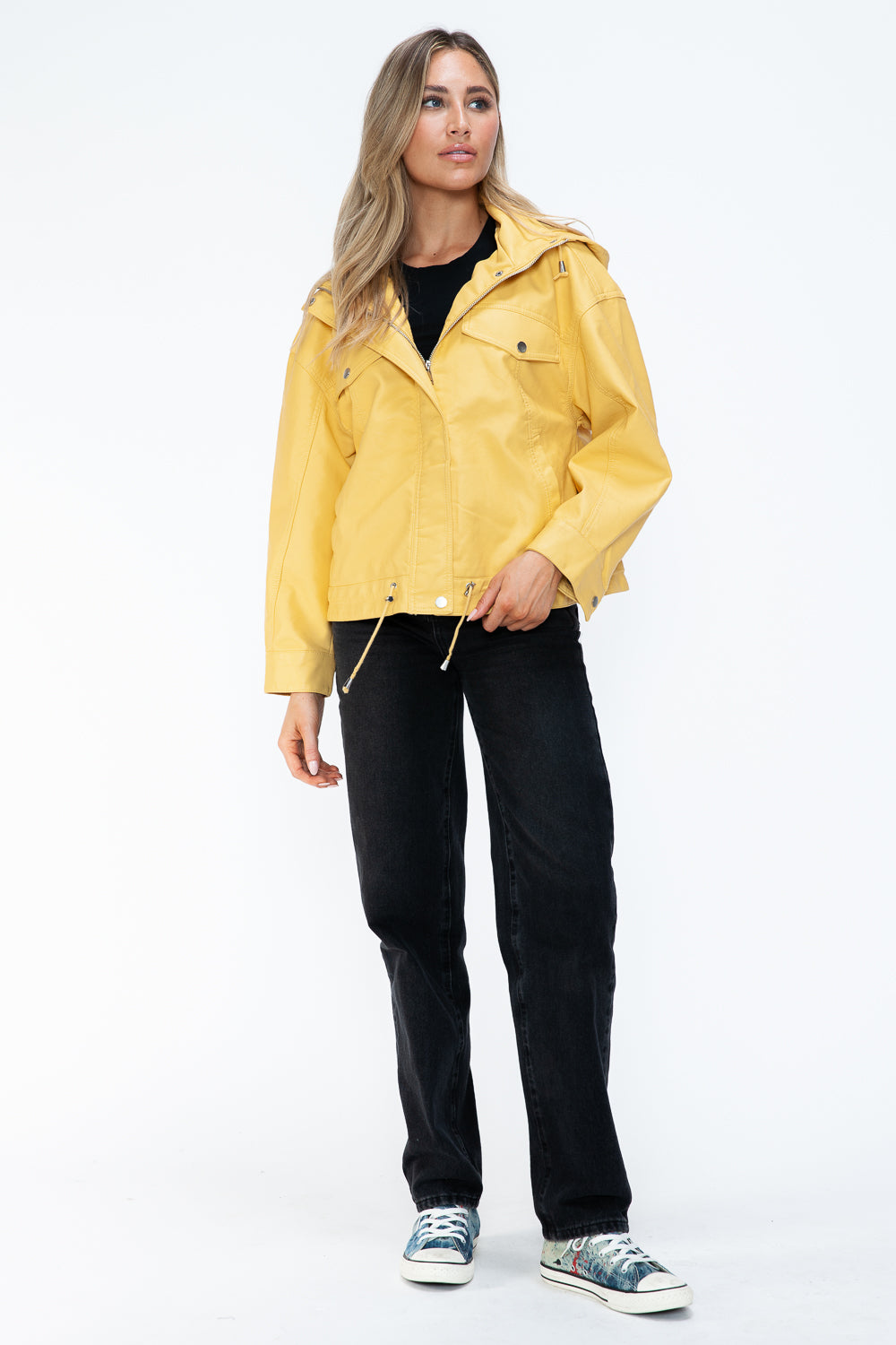 Drawstring Hem PU Leather Zip Up Jacket