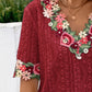 Eyelet Embroidered V-Neck Short Sleeve Blouse