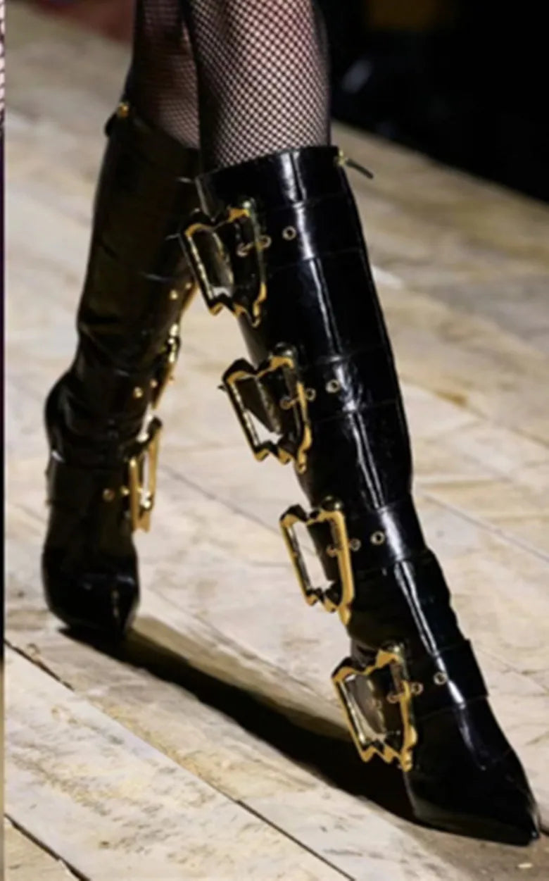 Belt Buckle Pointed Toe Knee-Length Boots