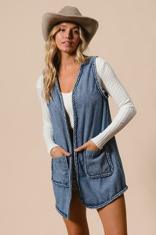 Braided Trim Open Front Denim Vest