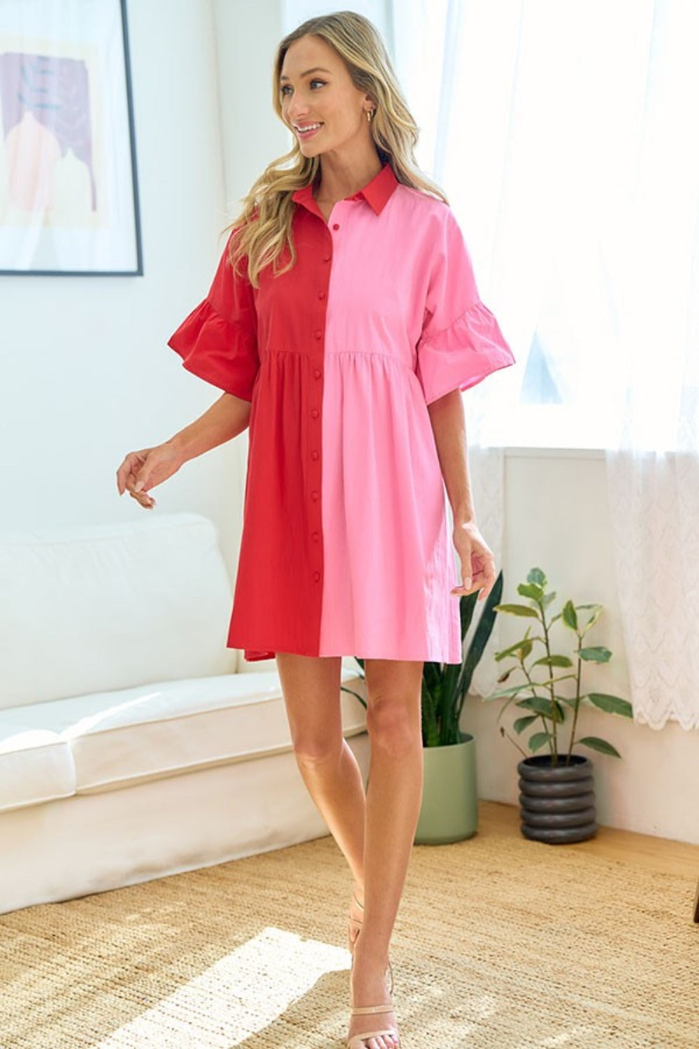 Color Blocked Button Down Babydoll Dress