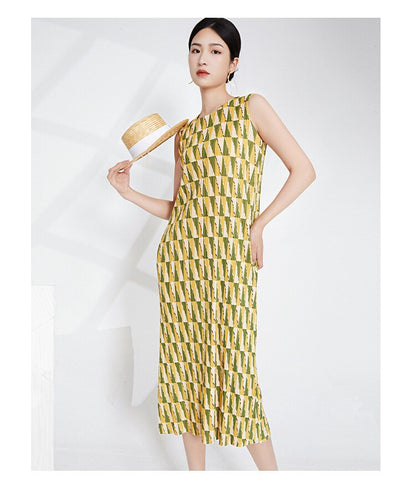 Miyake Pleated Printed Sleeveless Midi Dress