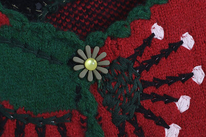Vintage Contrast Flower Embroidery Knitted Cardigan