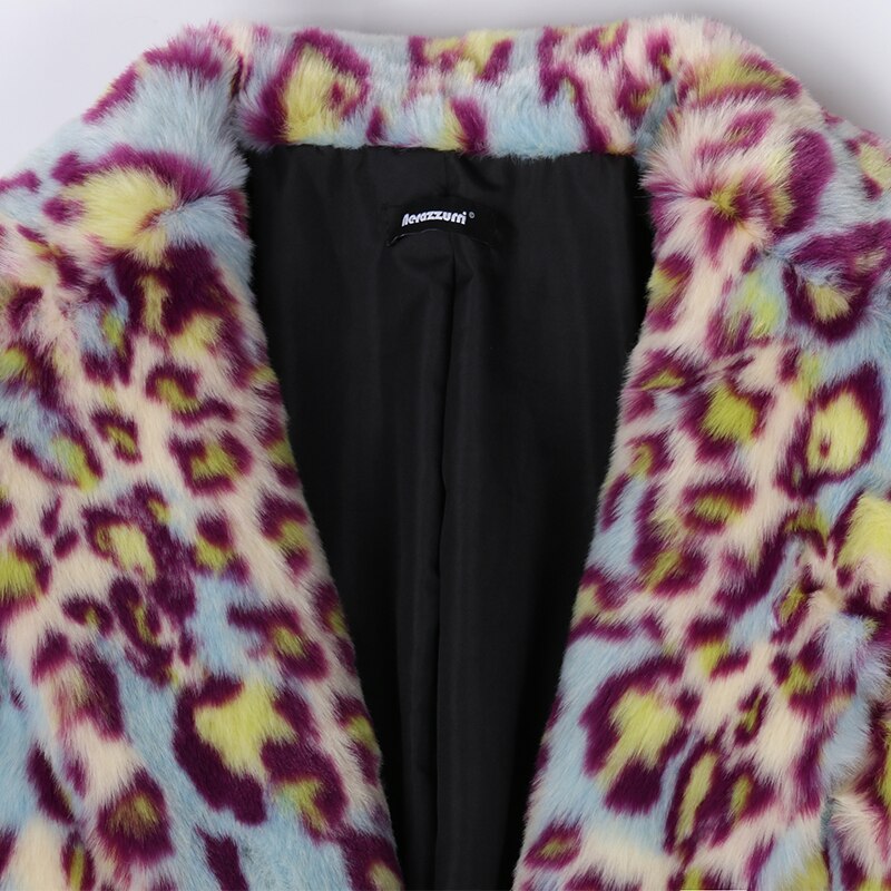 Multicolor Leopard Fluffy Faux Fur Trench Coat