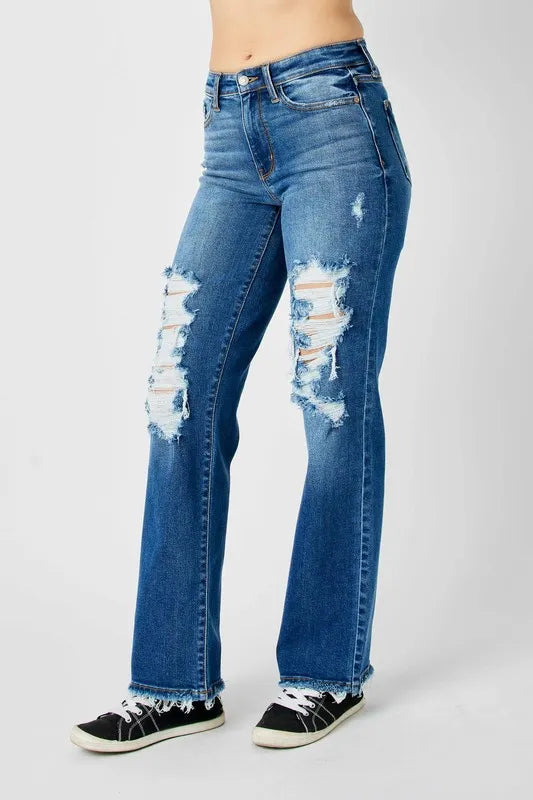 Judy Blue Mid Rise Distressed Raw Hem Jeans
