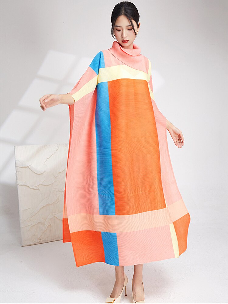 Miyake Pleated Contrast Turtleneck Midi Dress
