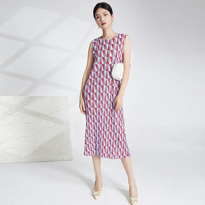 Miyake Pleated Printed Sleeveless Midi Dress