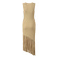 Tassel edge round neck knitted dress sleeveless fashionable wrap around long skirt