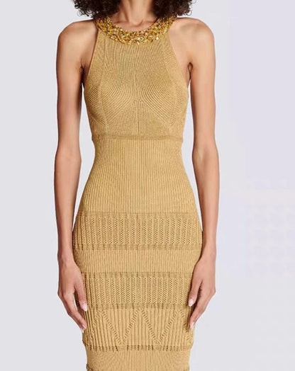 Sequin Beaded Collar Round Neck Sweater Dress