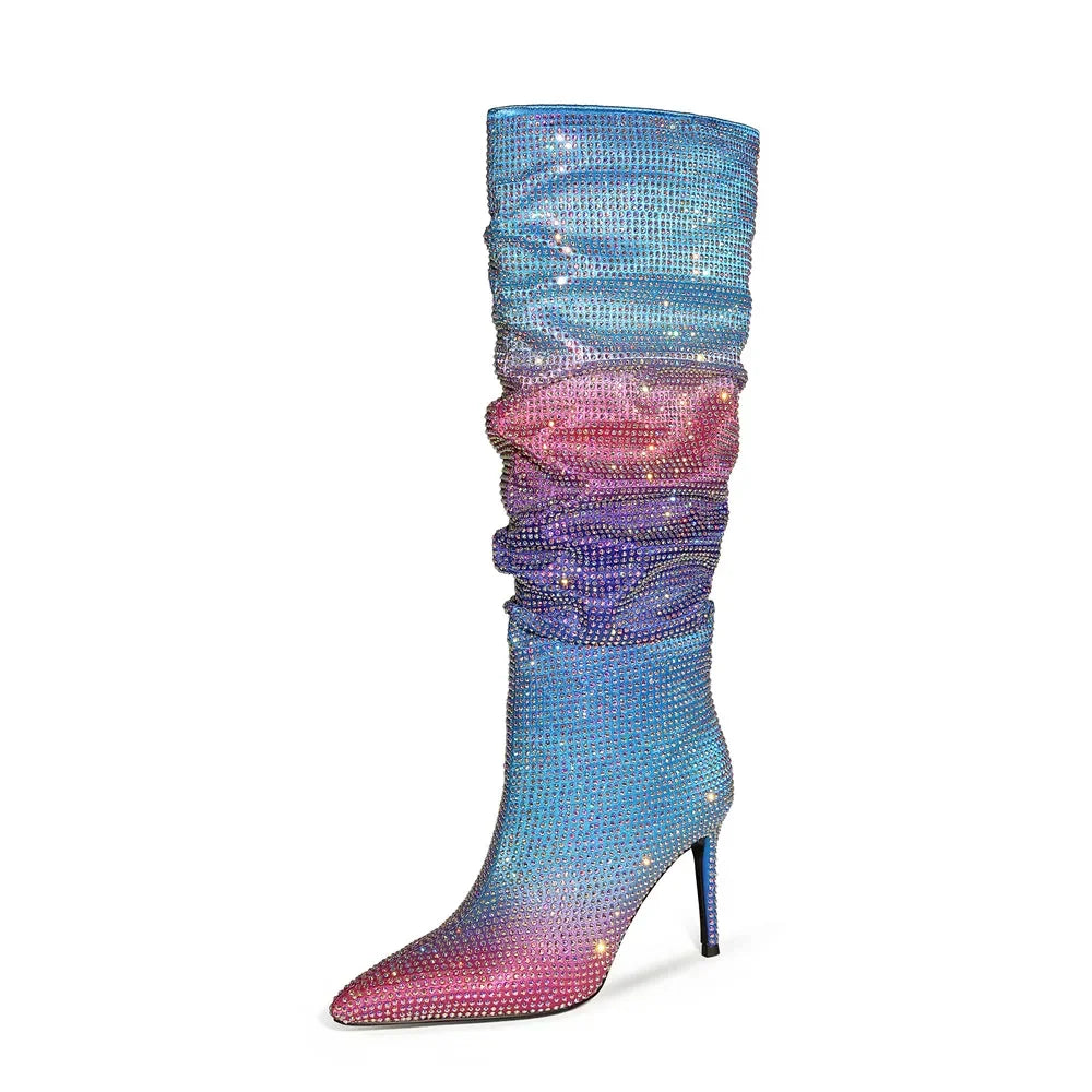 Gradient Rhinestone Pleated Knee-High Boots