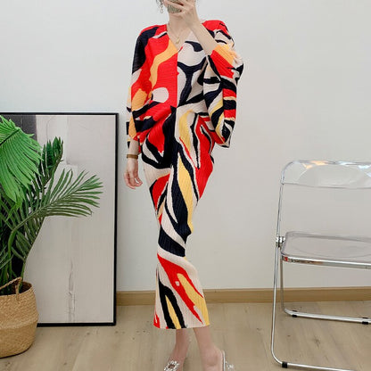 Miyake Pleated Printed Batwing Sleeve Midi Dress